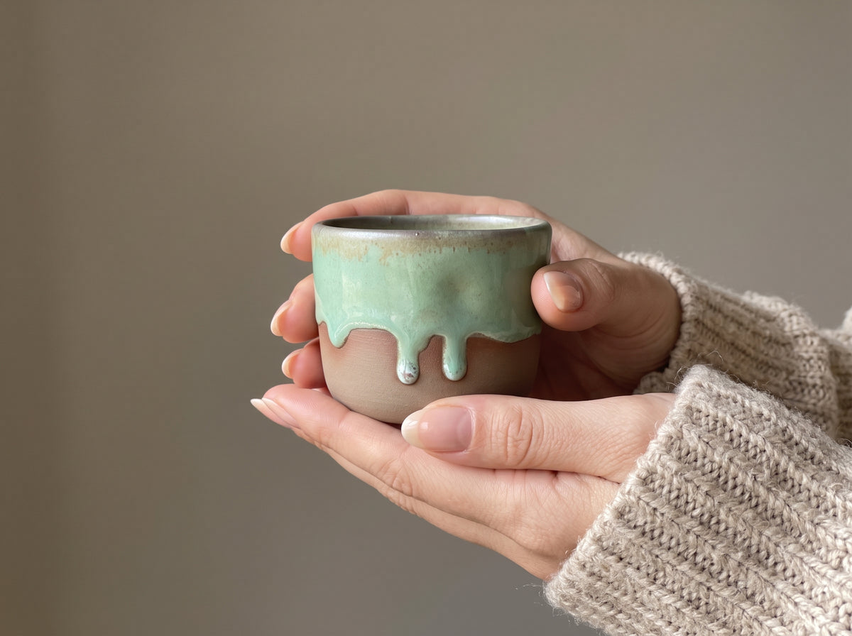 Overhead lifestyle view of hands in a cozy cream knit sweater holding an Olive green ceramic shot cup.
