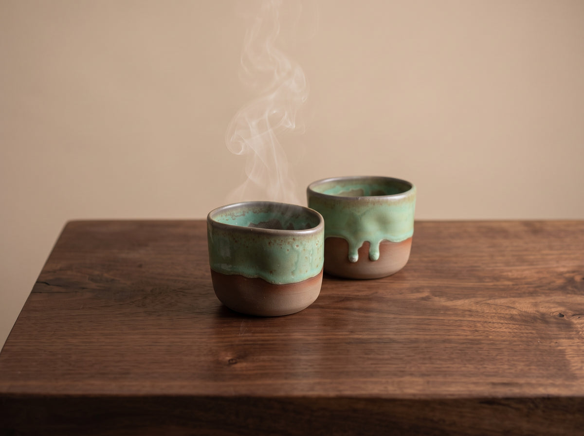 Pair of steaming handmade ceramic shot cups resting on a dark rustic wooden table.