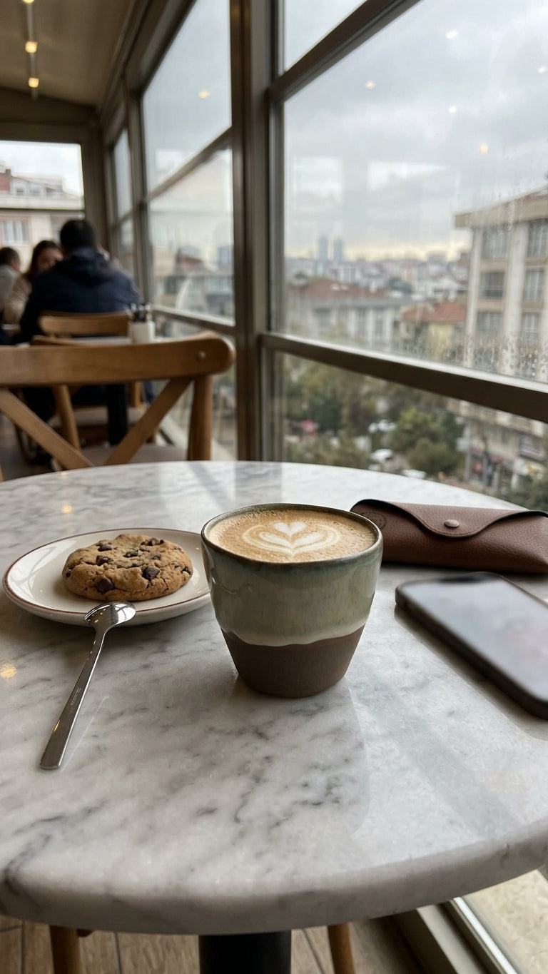 LyLceramics Stone Sip stoneware cup filled with frothy coffee on a marble cafe table next to a window.