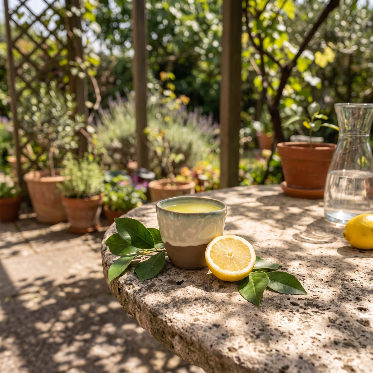 LyLceramics Stone Sip stoneware cup with fresh citrus drink and sliced lemon on a sunlit stone garden table.