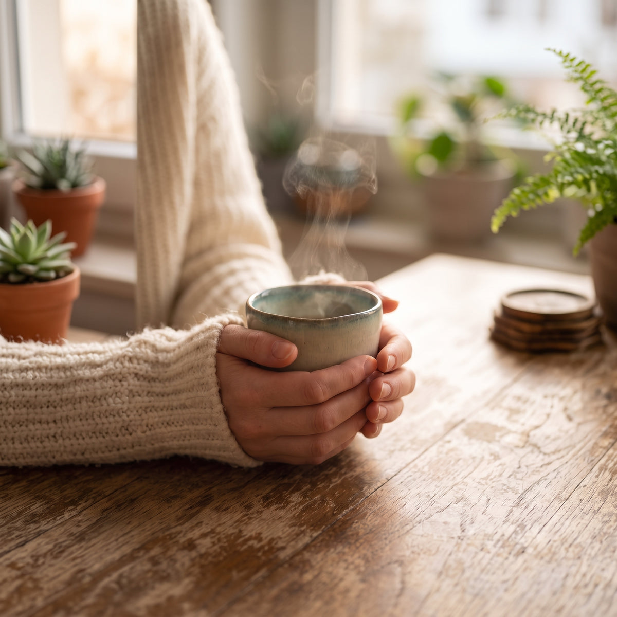 Steaming hot morning brew held in hands with a cream knit sweater using the LyLceramics Stone Sip cup.