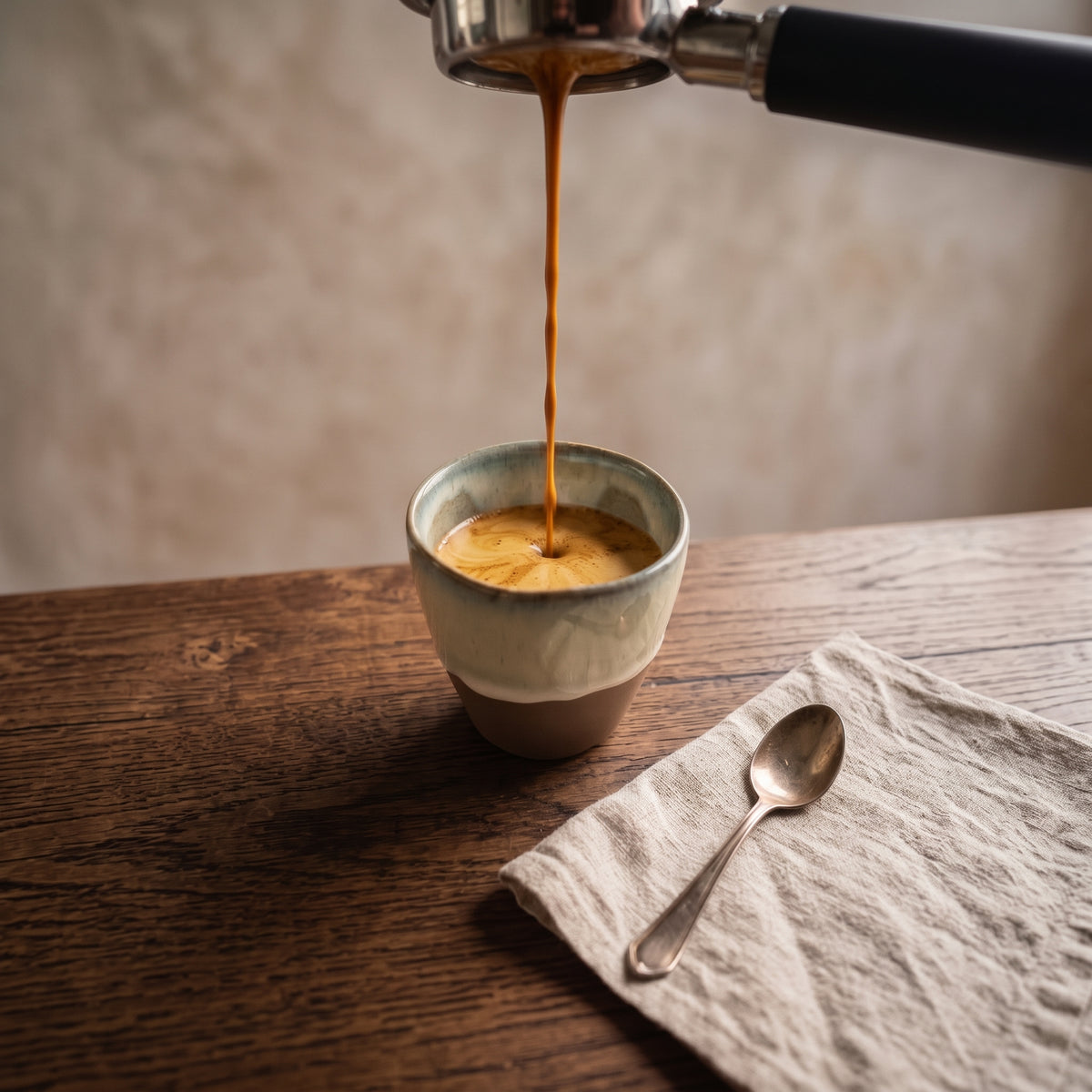 Fresh hot espresso pouring from a portafilter into the LyLceramics Stone Sip cup with golden crema on a wooden table.