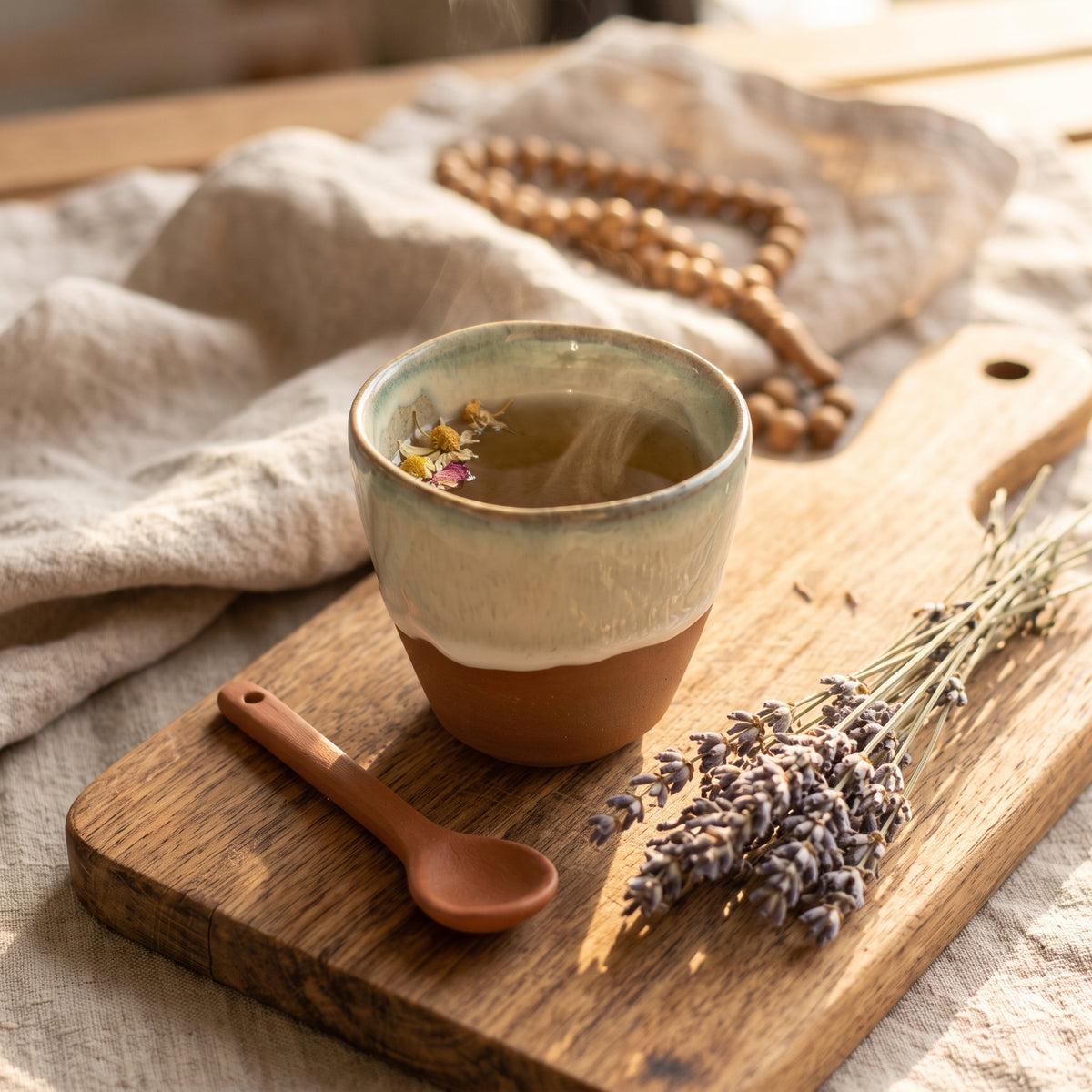 LyLceramics Stone Sip ceramic cup with hot herbal tea, clay spoon, and dried lavender on a wooden cutting board.