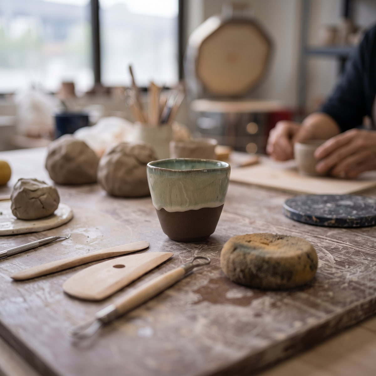 LyLceramics Stone Sip cup placed among pottery carving tools, raw clay, and sponges on an artisanal workbench.