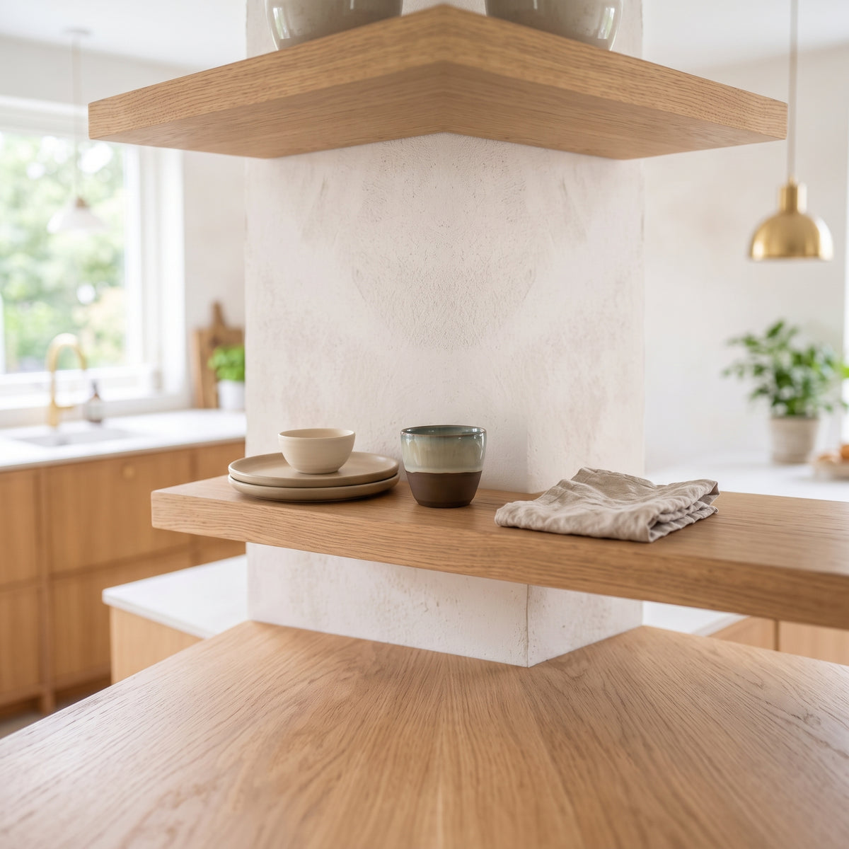 LyLceramics Stone Sip ceramic cup arranged with stoneware plates on an oak floating shelf in a modern kitchen.