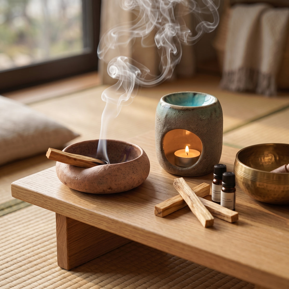 Handcrafted volcanic crater texture incense burner and ceramic bowl set with burning Palo Santo wood on a low wooden table