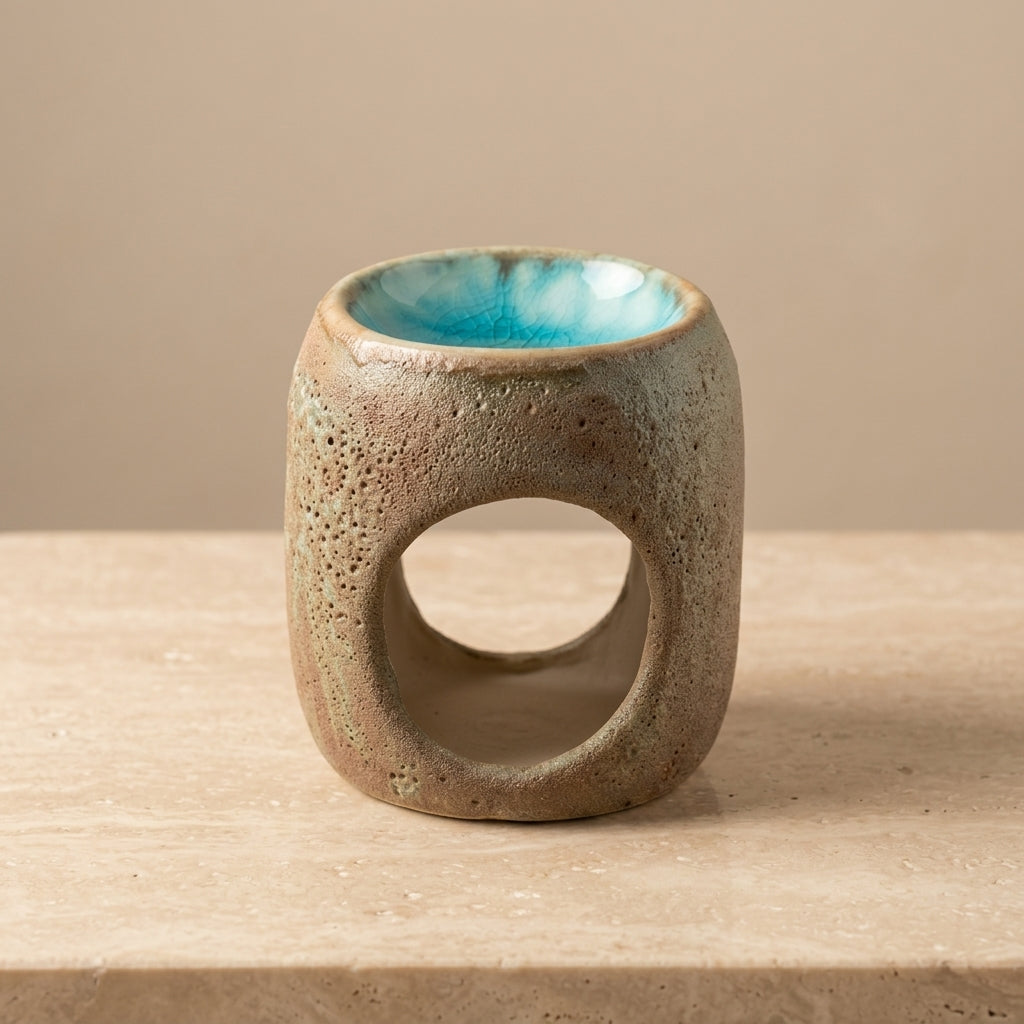front view sculptural ceramic wax burner on natural wooden board