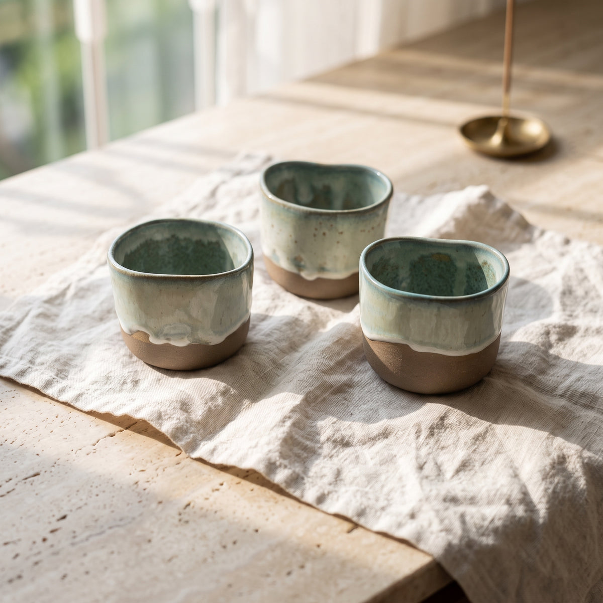 Three modern ceramic cups with speckled light green glazes are neatly arranged on a white linen cloth on a travertine counter, with bright sunlight and shadows from a window.