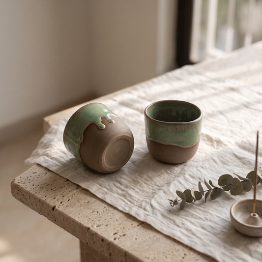 Two modern stoneware mugs with a green glaze on the top half and a bare brown clay base are placed on a white linen cloth on a travertine counter, with bright sunlight.