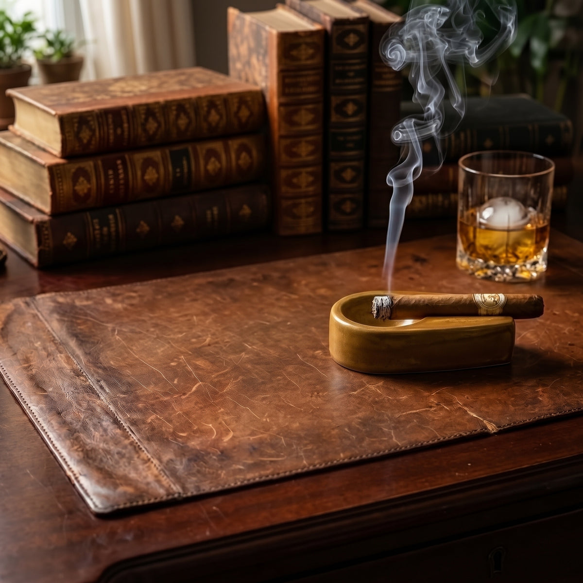 A luxurious office desk setting with a ceramic cigar ashtray, leather goods, books, and a glass of whiskey, perfect for a sophisticated workspace.