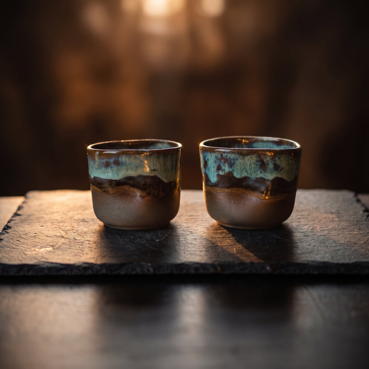 Perfect overhead view of two empty handmade ceramic shot tumblers on a textured stone table, showing the bright blue glaze interior.