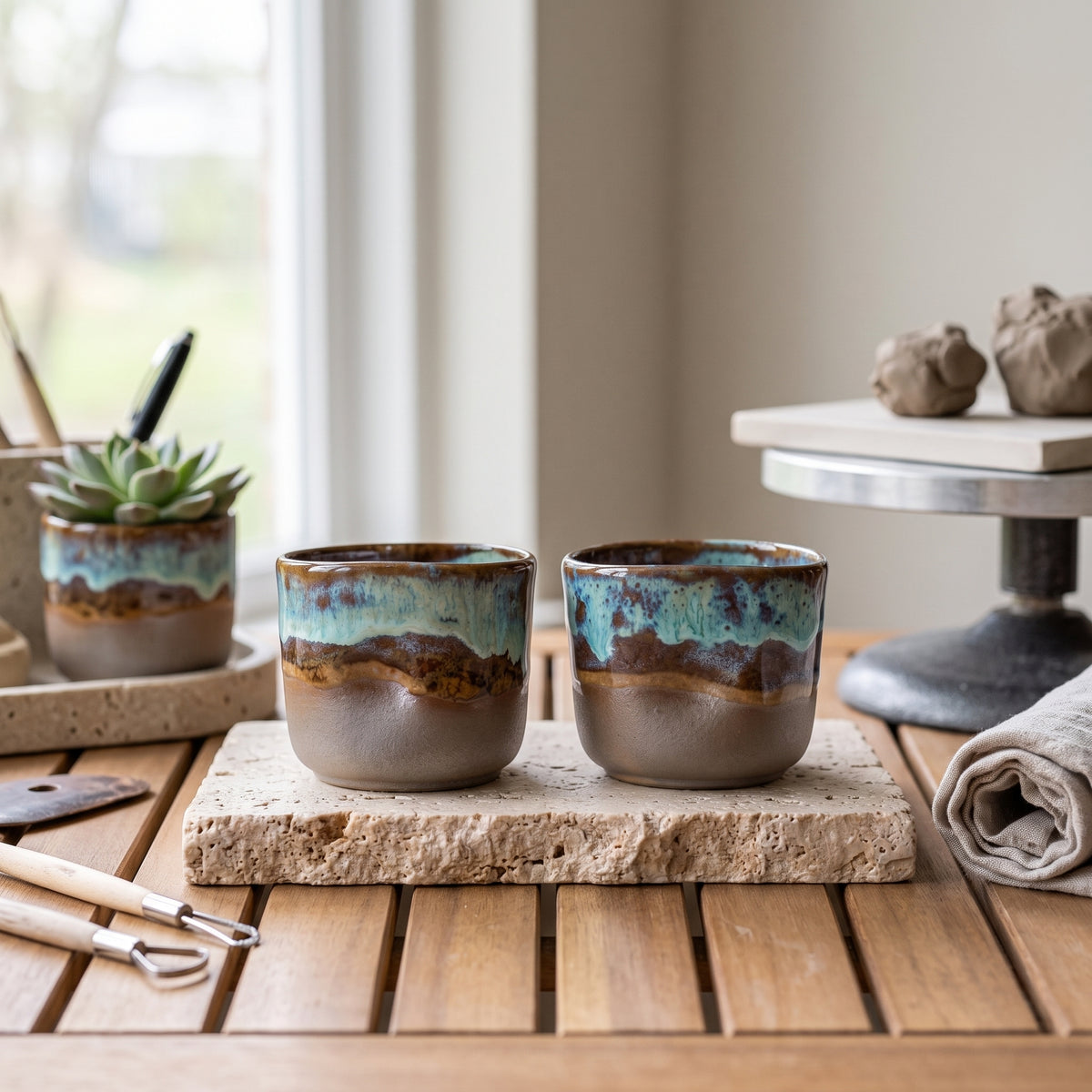 A pair of rustic stoneware shot glasses placed on a dark slate runner against a Mediterranean stone patio and sea view.