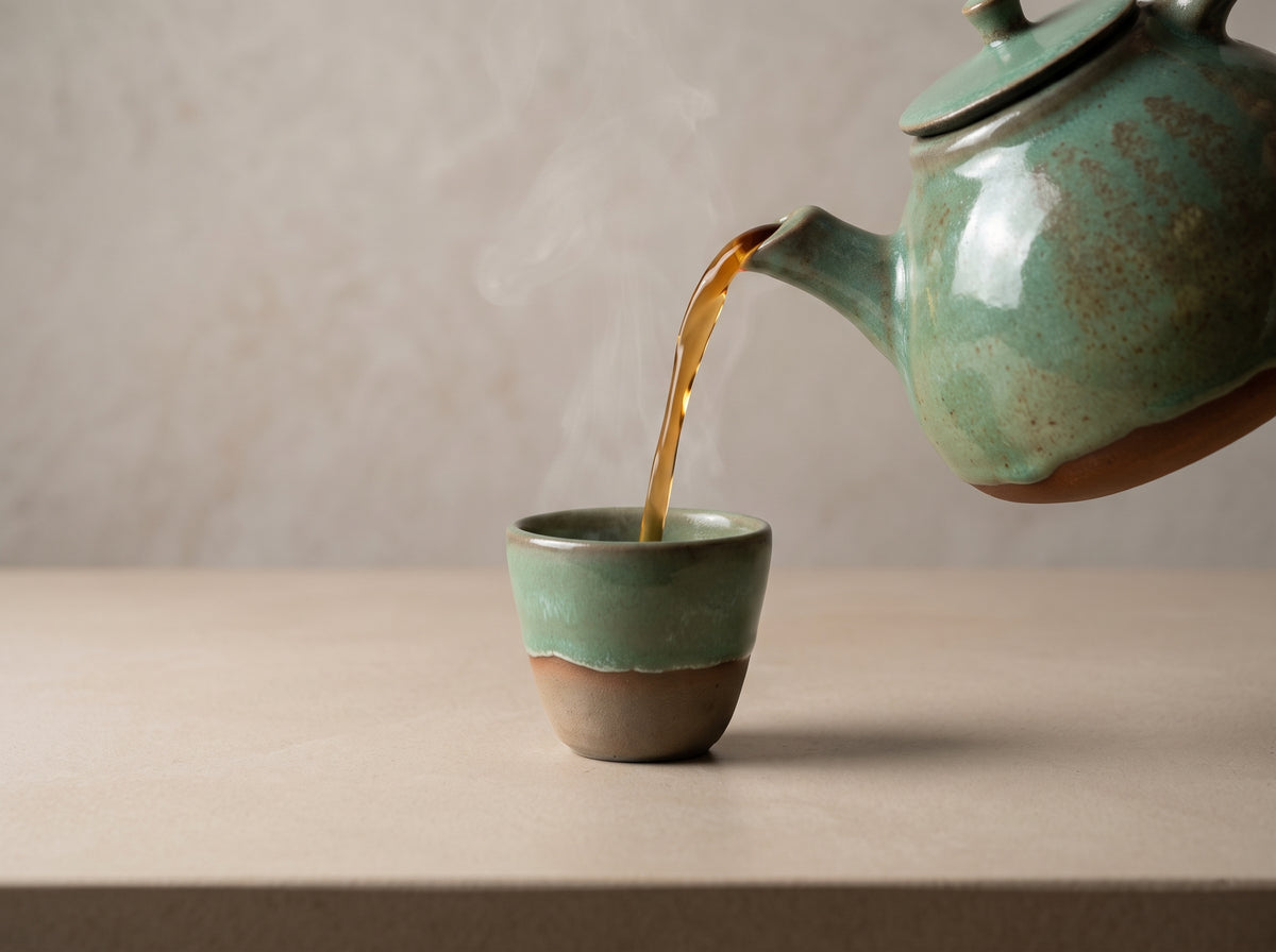 Pouring fresh hot tea from green ceramic teapot into matching handmade stoneware cup.