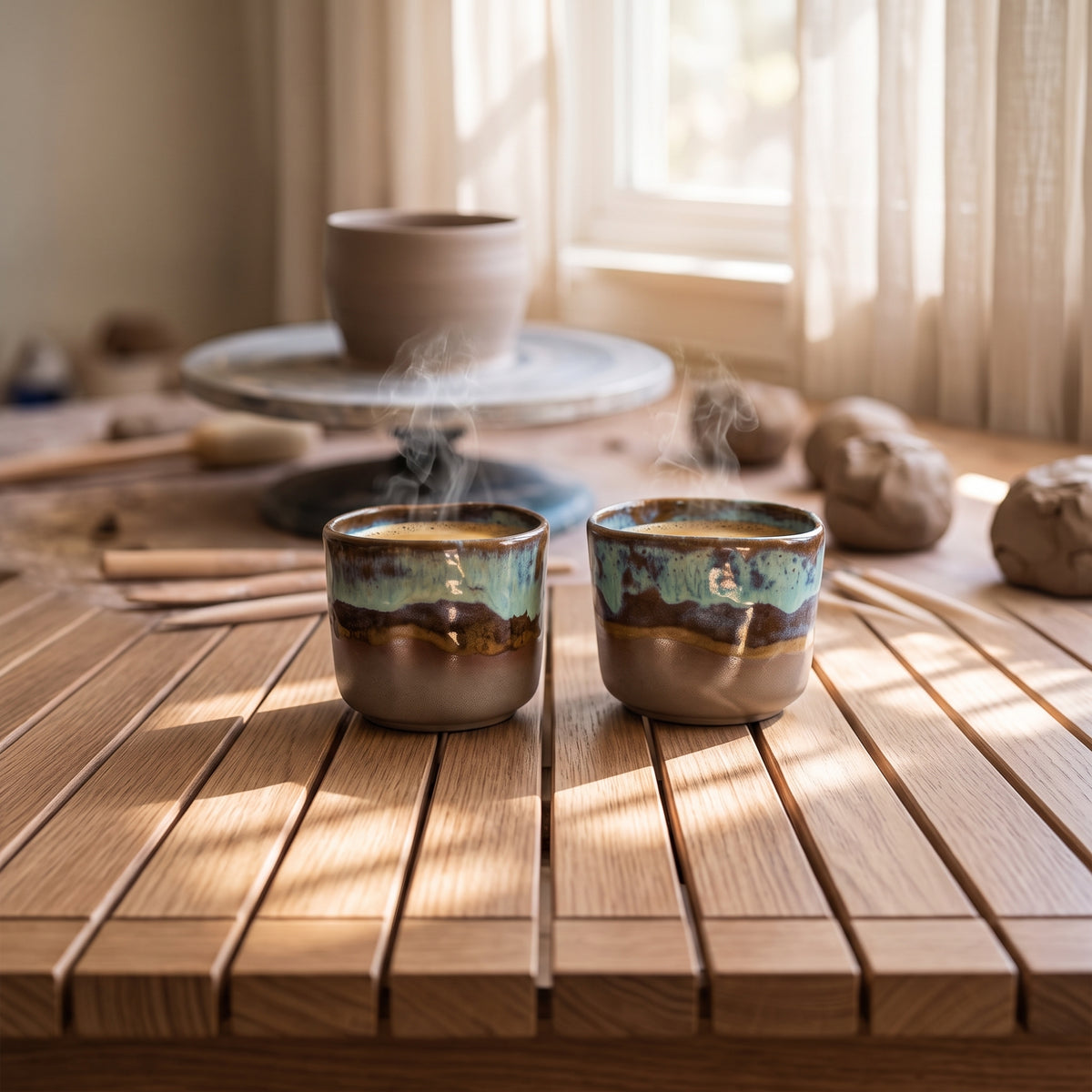 A rustic coffee setup featuring ceramic shot cups, a brass spoon, a manual coffee grinder, and scattered beans on a linen tablecloth.