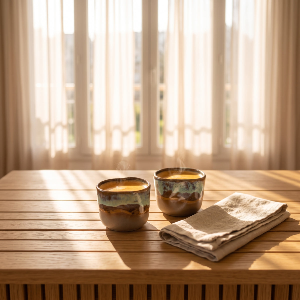 Close-up of steaming ceramic espresso/shot cups resting on a slatted wood table with beautiful geometric shadows cast by morning daylight.