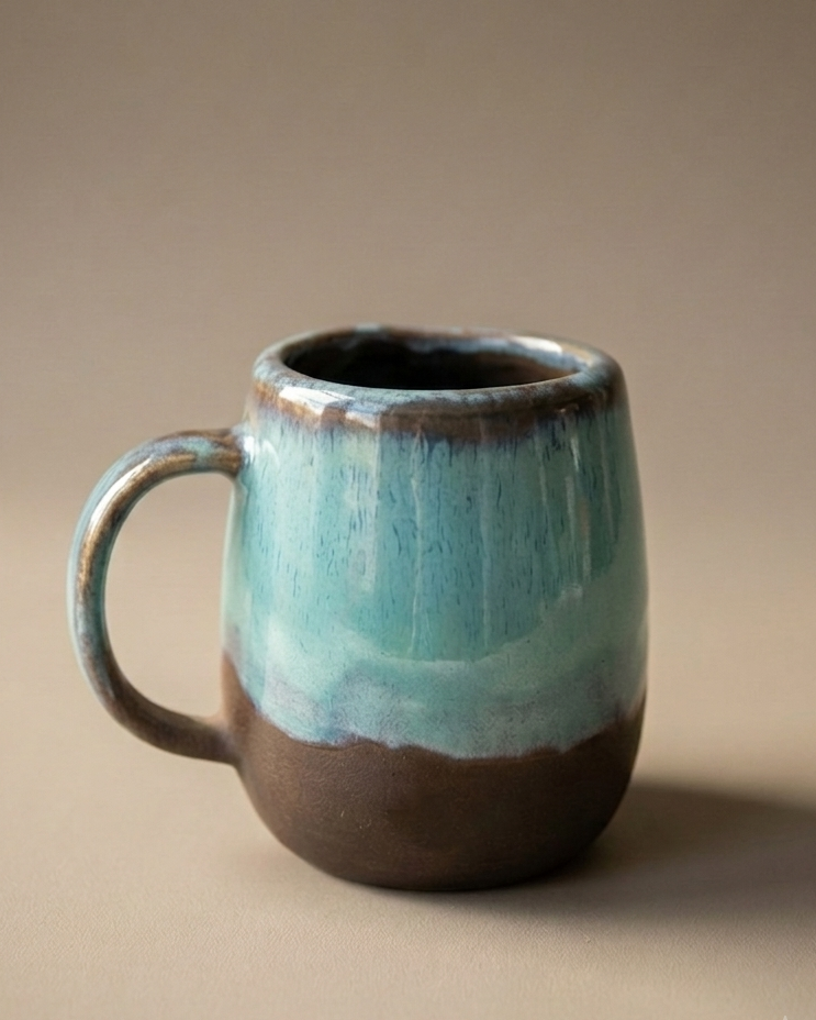 Stone Ceramic Mug, Turquoise Coast turkuaz sır akıntılı, el yapımı stoneware kupa, 350ml