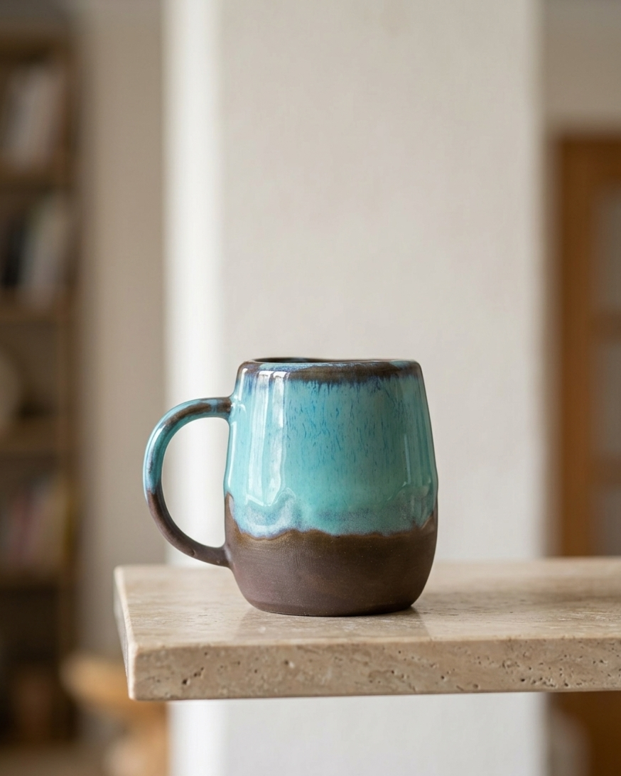 Stone Ceramic Mug, sırsız koyu kahverengi ham taban detayı, Turquoise Coast