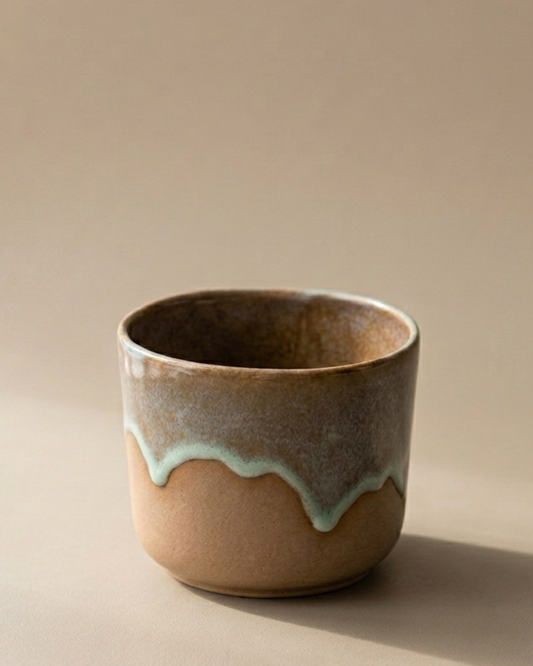 minimalist stoneware coffee tumbler with mint reactive glaze and raw clay base