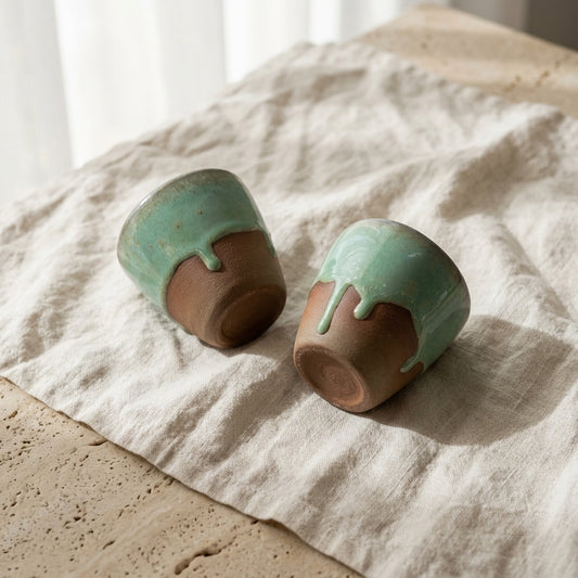 Two stoneware shot cups with a glossy green glaze on top and a textured brown clay bottom are presented on a crumpled white linen cloth on a travertine counter, with soft sunlight.