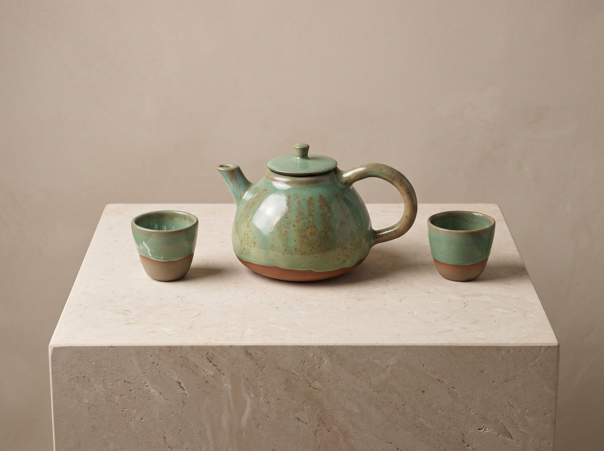 Handcrafted teapot and two small tasting cups arranged on geometric riser.