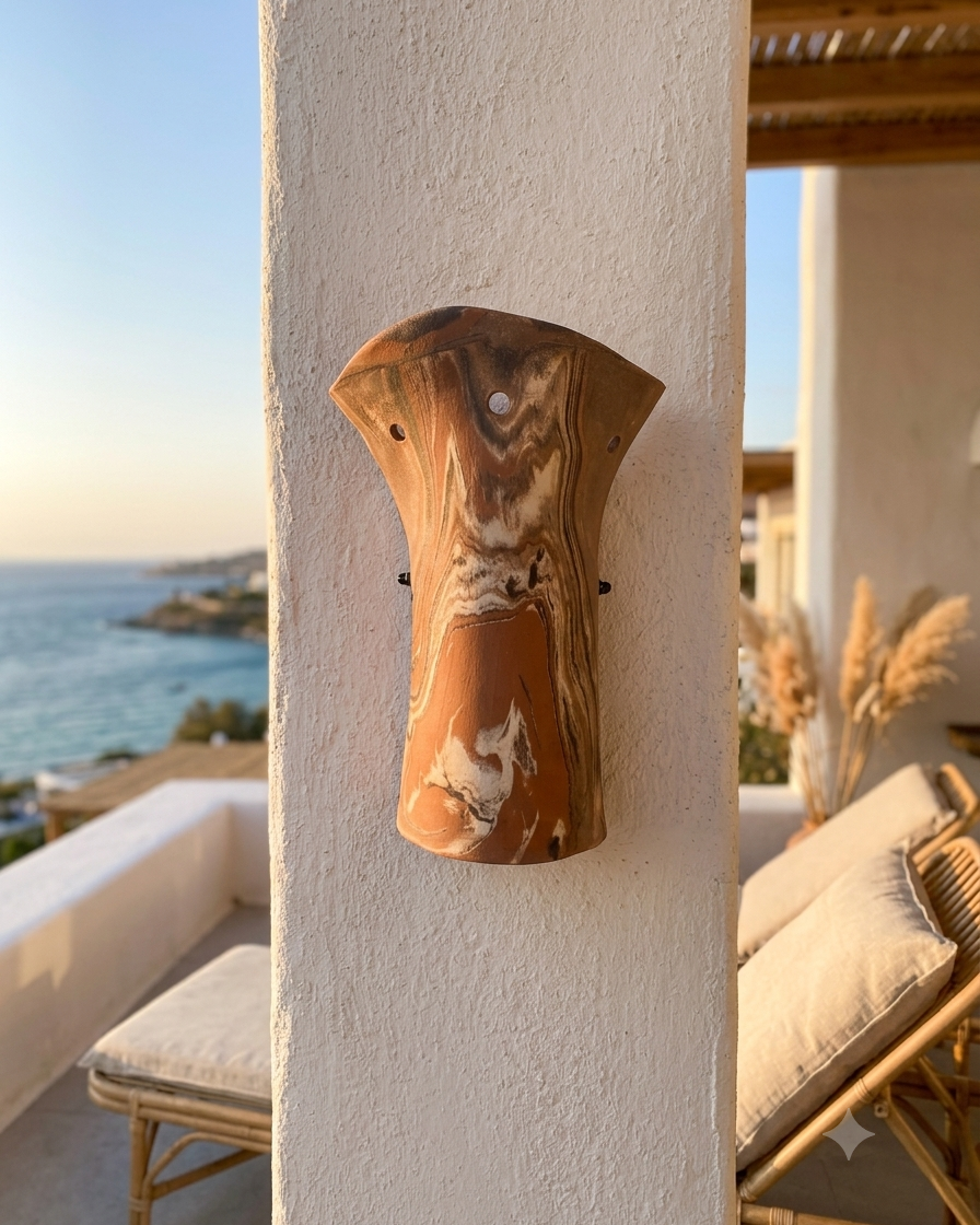 Artisanal stoneware wall light mounted on a rustic exterior terrace wall overlooking the landscape