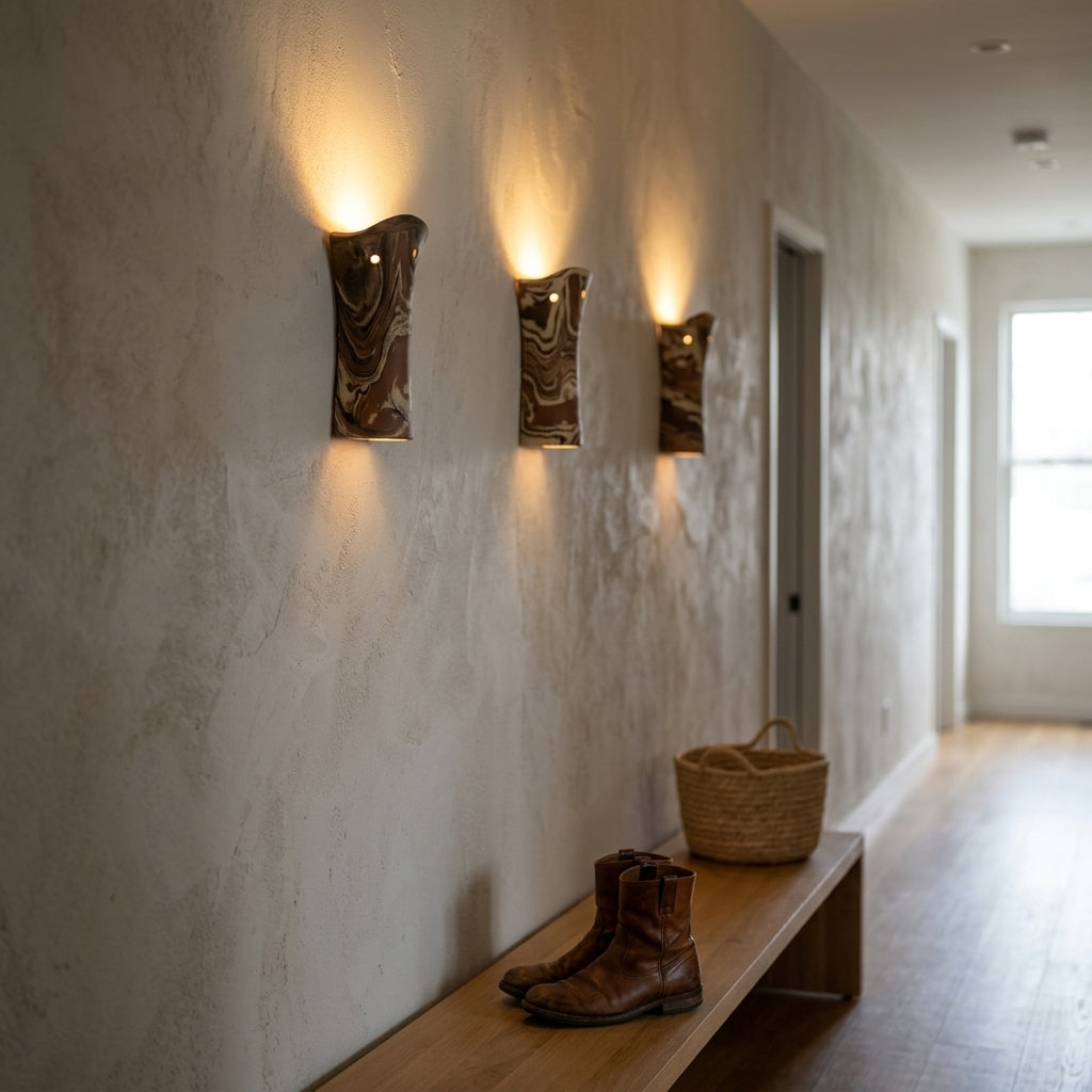 Series of three handcrafted ceramic wall sconces illuminating a long rustic hallway corridor