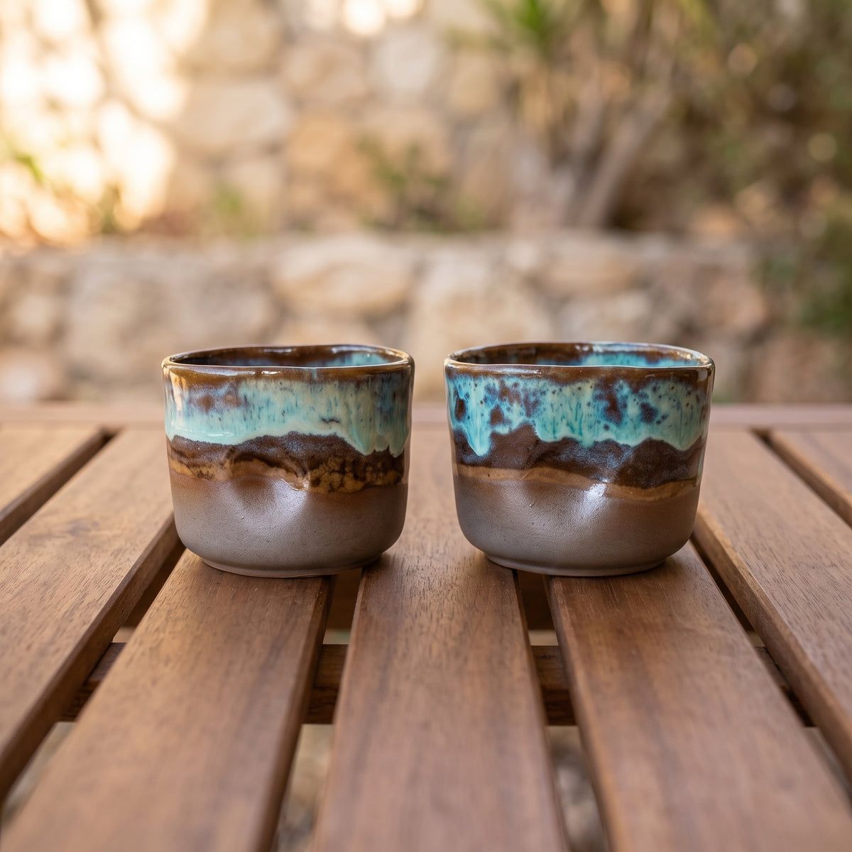 Two ceramic shot cups with a rustic glaze finish sitting on a wooden slatted table, bathed in soft, warm morning sunlight.