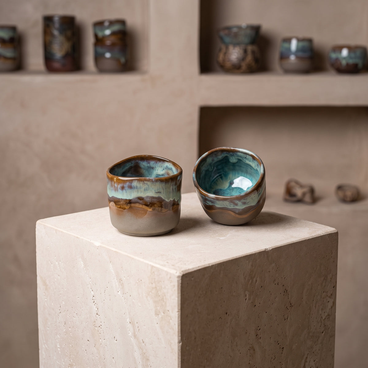 A pair of blue glazed ceramic shot glasses displayed on a minimalist rough sandstone display block against an earthy beige wall.