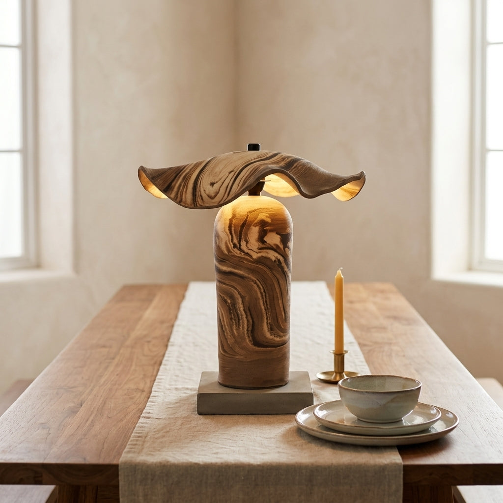 Handmade ceramic table lamps positioned side by side showcasing matching organic marbled patterns
