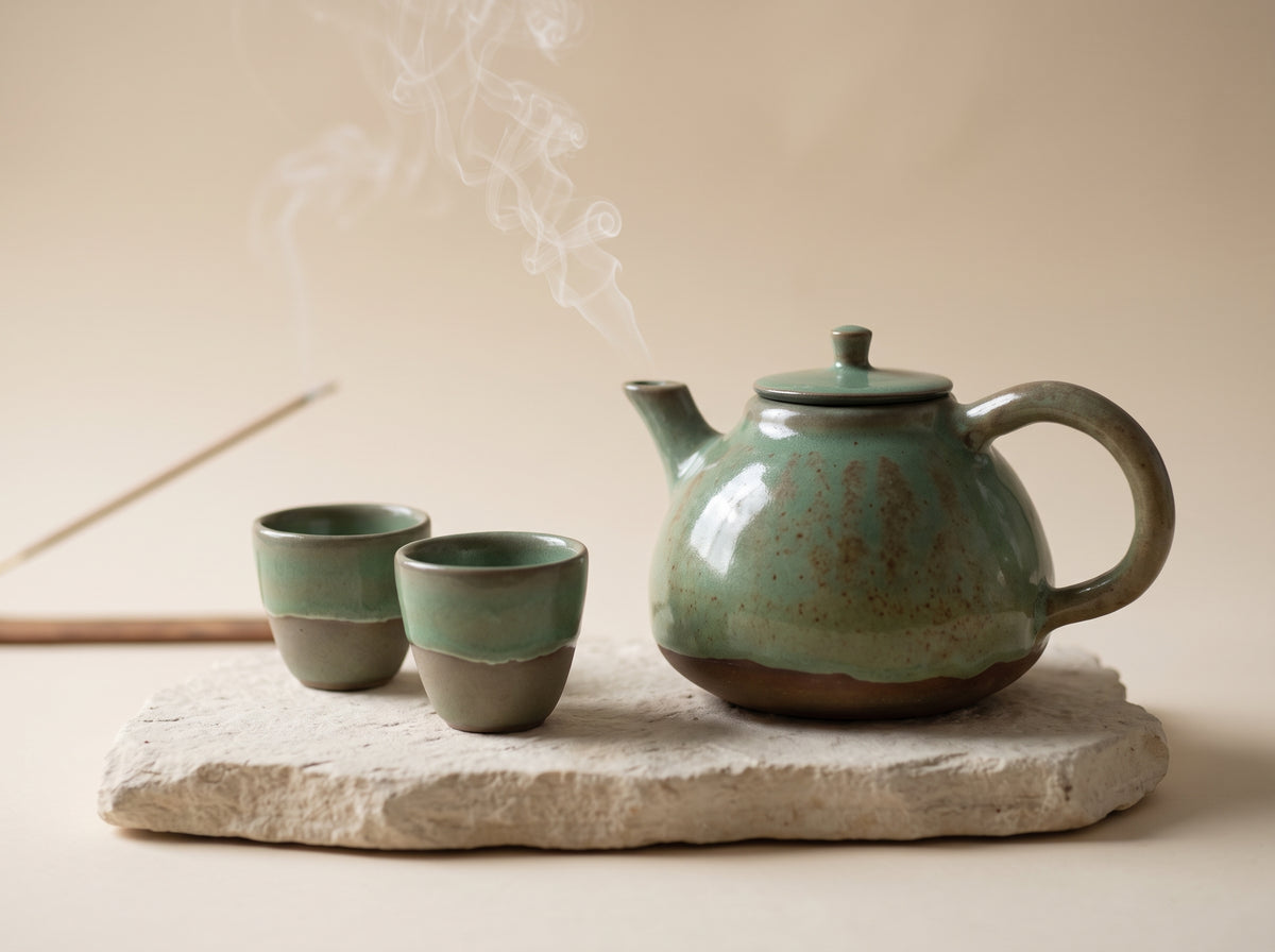 Green ceramic tea set on stone slab with burning incense for mindful tea ritual.